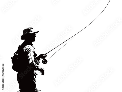 A fisherman stands quietly in the water, casting his line during a tranquil sunset. Silhouetted against the vibrant sky, he enjoys the peaceful moment of fishing.