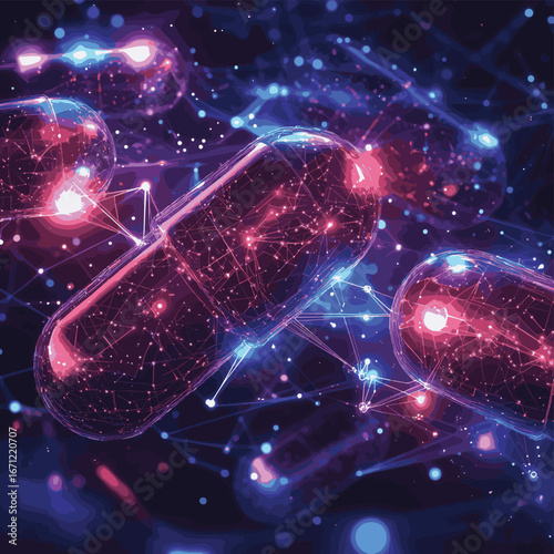 Abstract digital 3D capsules with connected network spheres and glowing constellation stars in dark space background for medicine technology and pharmaceutical innovation concept