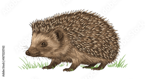 Detailed Illustration of a Small Hedgehog Foraging for Food on Green Grass Isolated on Transparent Background