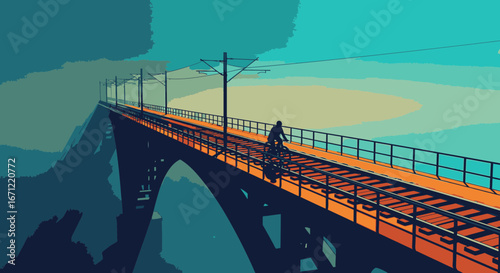 A cyclist's silhouette crosses a long railway bridge at dusk in a stylized, atmospheric illustration.
