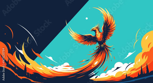A majestic phoenix rising from ashes and flames against a stylized, split-colored sky.