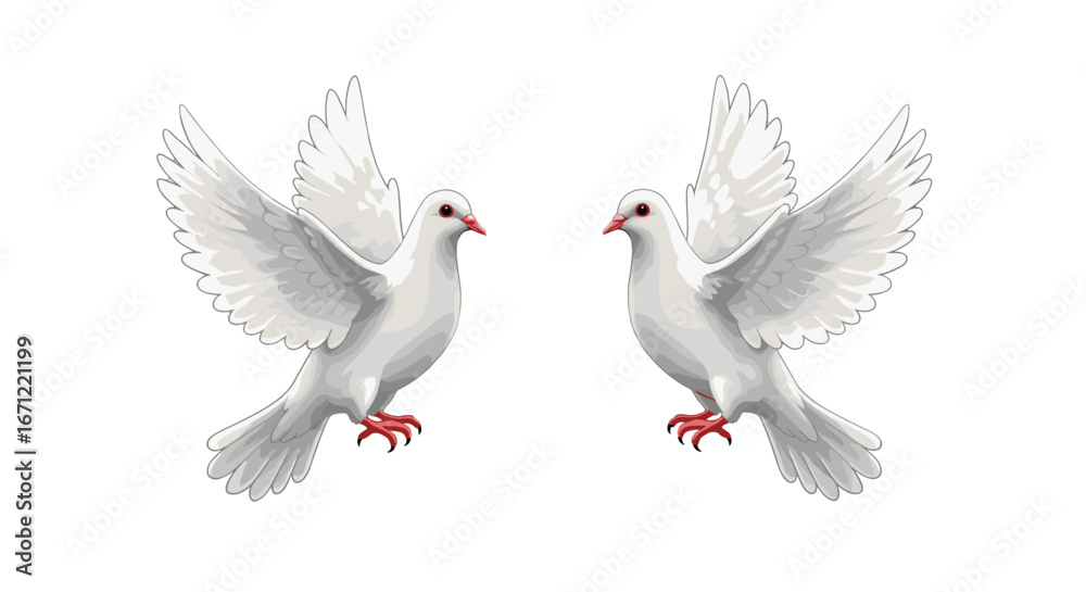Fototapeta premium Two White Doves Flying Together Symbolizing Peace Love and Hope Isolated on Transparent Background