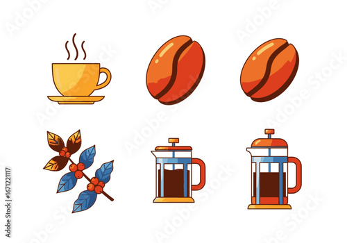 Vector illustration set of coffee elements: hot cup, roasted beans, coffee plant branch, and French press makers.