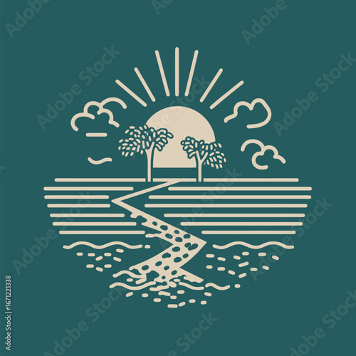 A tranquil view features a sunset with sun rays illuminating the sky, two trees in silhouette, and gentle waves lapping at the shore. The colors create a peaceful atmosphere.