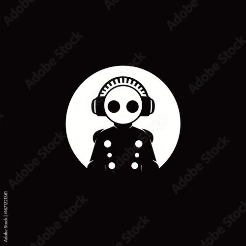 A unique character wearing headphones and a coat stands in front of a circular white backdrop. The design features bold contrasts and a striking visual style, creating a captivating focal point.