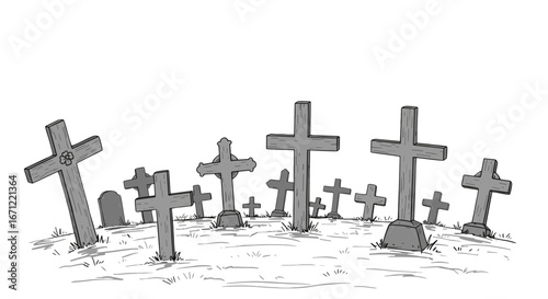 Spooky Cemetery Scene with Gravestones and Crosses Isolated on Transparent Background