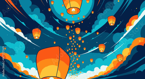 A vibrant illustration of countless sky lanterns ascending into a stylized, cloudy night sky during a festival.