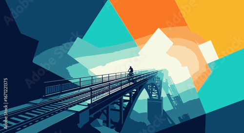 A lone cyclist rides on a railway bridge into a vibrant, abstract sunrise, depicted in a modern, geometric art style.