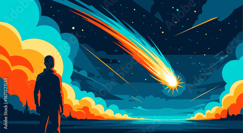 A silhouette of a person watching a large, fiery meteor streaking across a dramatic, stylized night sky with colorful clouds.