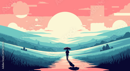 A solitary figure with an umbrella stands in a tranquil river, watching the large sun set over a minimalist pastel landscape.