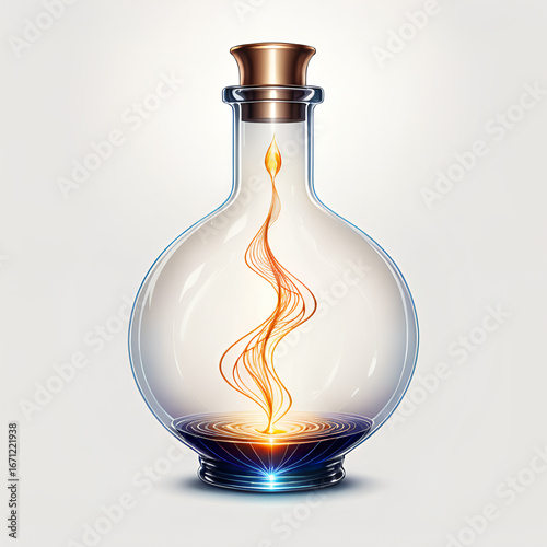 Captivating glowing elixir swirls within a clear glass bottle with a metallic stopper, symbolizing innovation and discovery