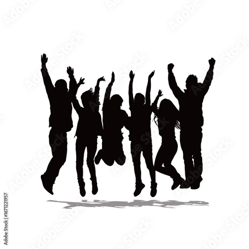 A group of seven friends is seen jumping with excitement, their silhouettes outlined against a bright background. The lively atmosphere reflects their joyful celebration together.