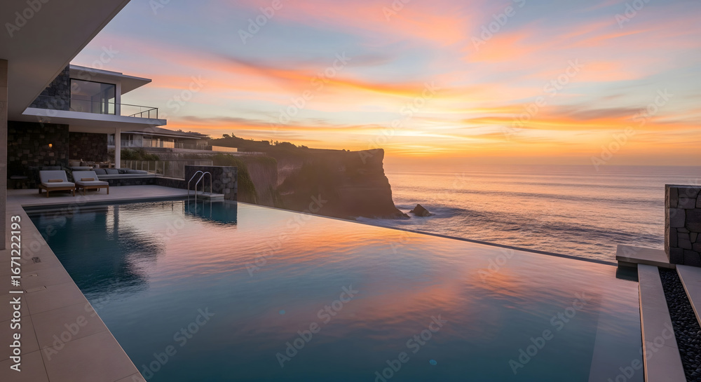 Fototapeta premium Serene sunset view from a luxurious villa overlooking a tranquil infinity pool and ocean