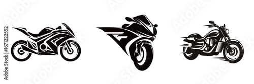 Three artistic motorcycle designs are displayed side by side, each featuring different styles. The first is sleek and modern, the second emphasizes speed, while the third has a classic appearance.
