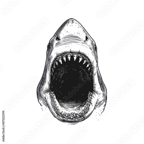 A striking black and white drawing of a sharks head features a wide-open mouth filled with sharp teeth.