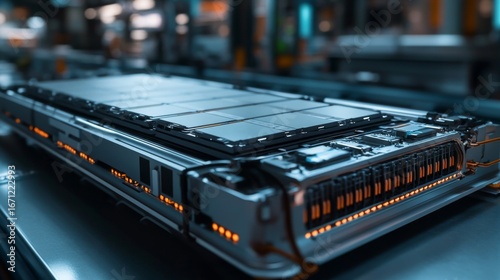 Analyzing electric vehicle battery pack close-up industrial setting technical detail high-tech environment macro view energy storage innovation