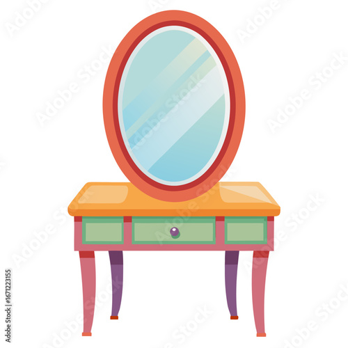 Color vector illustration of a vanity mirror with table