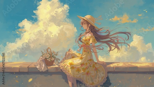 An anime style of woman with long hair and round hat sit on the wall, staring warm sunlight, clear blue sky with golden fluffy clouds