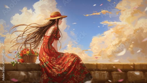 An anime style of woman with long hair and round hat sit on the wall, staring warm sunlight, clear blue sky with golden fluffy clouds