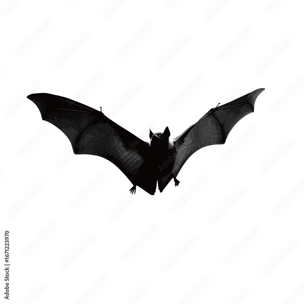 Fototapeta premium A bat gracefully soars through the air with its wings fully extended. The striking silhouette highlights its unique features. This moment captures the elegance of nocturnal wildlife.