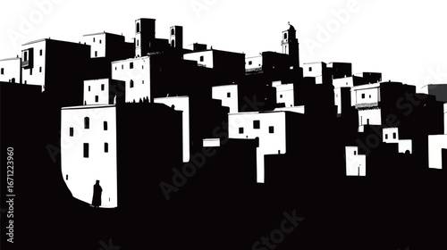 Silhouetted against a twilight sky, a hillside village is filled with stacked white buildings. A single figure walks along a path, adding a sense of mystery and solitude to the scene.