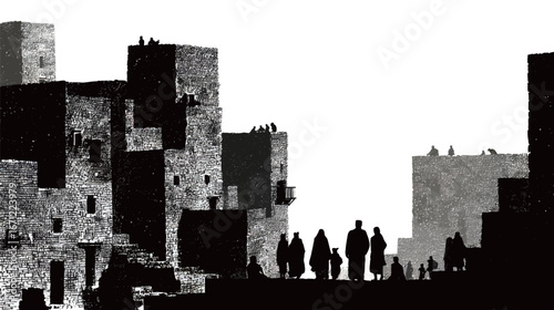 Silhouettes of people and children stroll through a rugged landscape filled with stone buildings as dusk falls, creating a sense of timelessness in a historical setting.