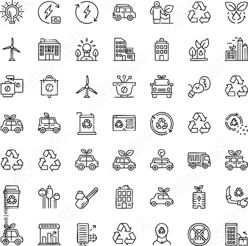 Sustainable City Icons: Clean Energy, Eco-Friendly Transportation, and Recycling Symbols - Line Art Style


