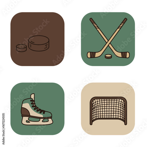 Puck, sticks, skate, and goal icons set for ice hockey related