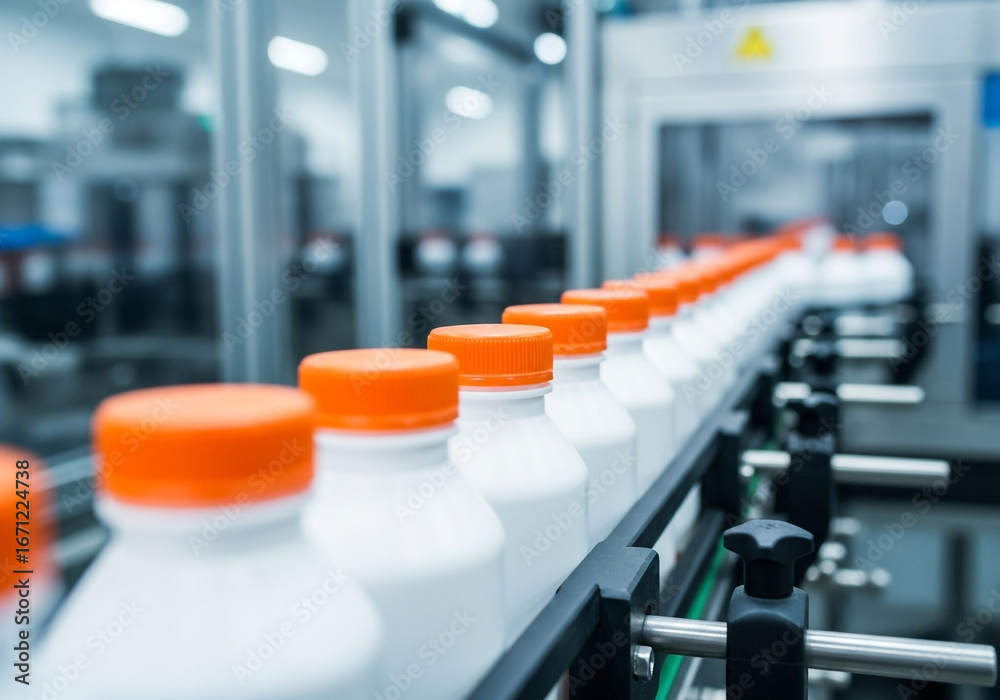 Fototapeta premium Bottles with orange caps moving on a conveyor belt in a factory