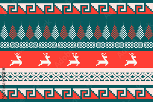 Seamless pixel pattern in red, green, and white with geometric and cross stitch design. Perfect for Christmas and New Year holiday decoration, textile, background, gift wrap, or festive print.