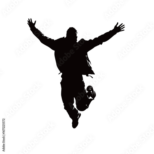 A person is jumping with arms outstretched, conveying a sense of happiness and freedom. The figure is in silhouette form, creating a striking visual contrast.