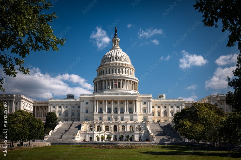 Naklejka premium US Capitol Building under blue sky on sunny day, wide angle panoramic view of government architecture with dome and columns