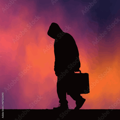 A person dressed in a hoodie walks alone with a briefcase in hand. The vibrant colors of sunset create a dramatic backdrop as the figure moves forward in contemplation.