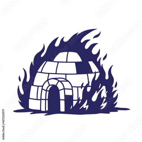 Burning igloo illustration representing climate change destruction and melting ice in the arctic