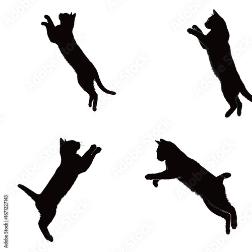 Four silhouettes of playful cats are captured mid-jump, showcasing their agility and grace against a stark white background. The cats are in different poses, highlighting their dynamic movement.