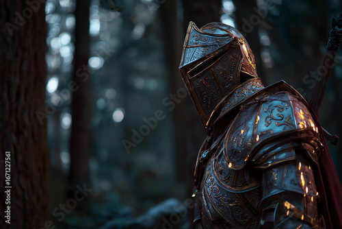 Knight in ornate armor in a mystical forest