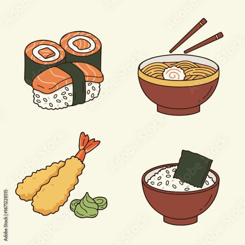 Japanese cartoon Sushi, ramen, tempura, rice bowl on beige background