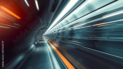 An abstract urban transit scene with dynamic motion blur and cool metallic tones.