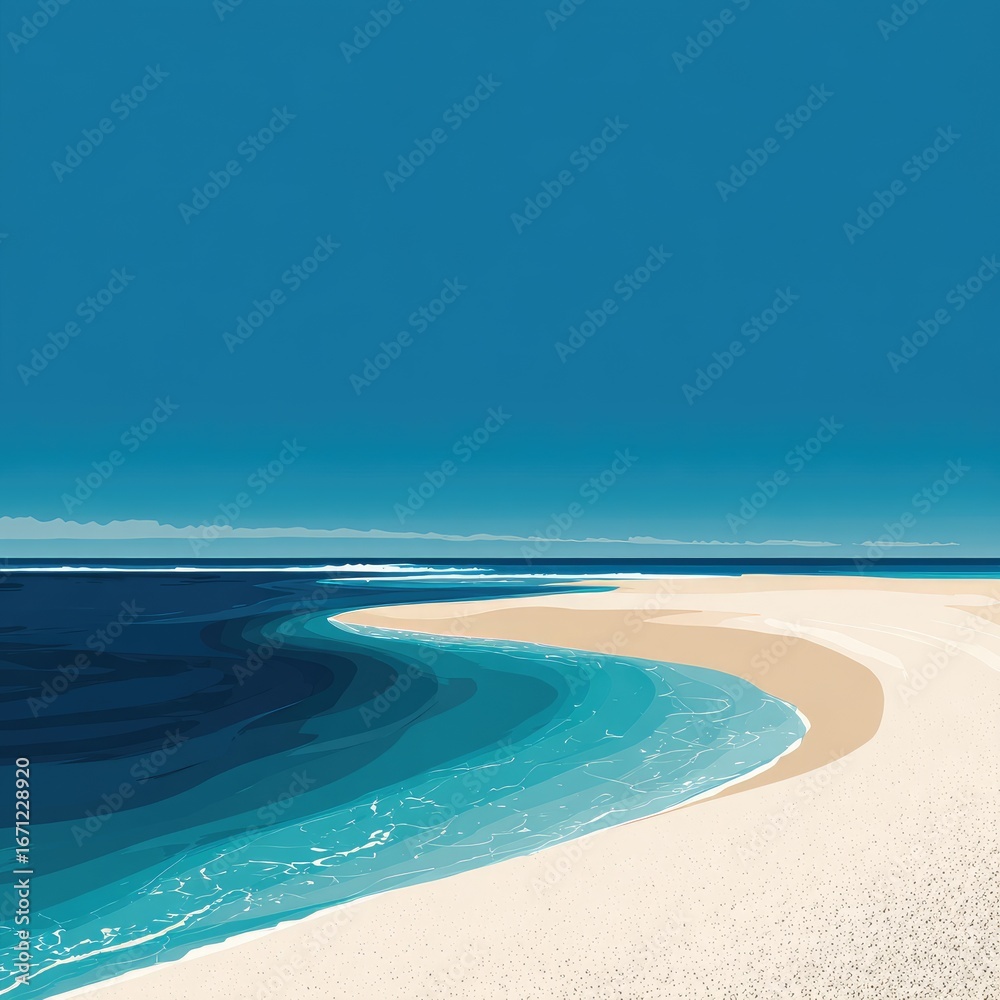 Obraz premium Tranquil beach scene with curving shoreline