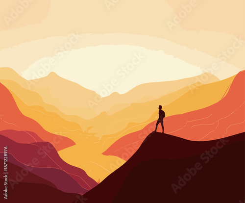 A person stands on a peak surrounded by majestic mountains during sunset. The scene features soft pastel colors creating a calm and peaceful atmosphere, emphasizing solitude and natures beauty.