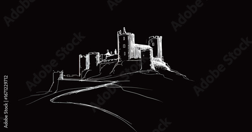 A medieval castle sits on a hilltop, showcasing its towering structure against a dark backdrop. The simplistic lines highlight its historic grandeur and surrounding landscape.