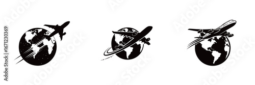 Several stylized airplanes fly over a globe, symbolizing global travel and air transportation. The design captures the essence of adventure, exploration, and connectivity through flight.