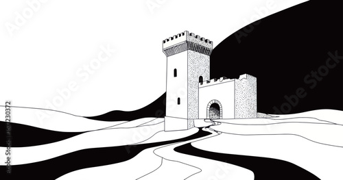 A castle stands prominently on a hillside, with a winding path leading to its entrance. The landscape features bold black and white contrasts, creating a striking visual effect.