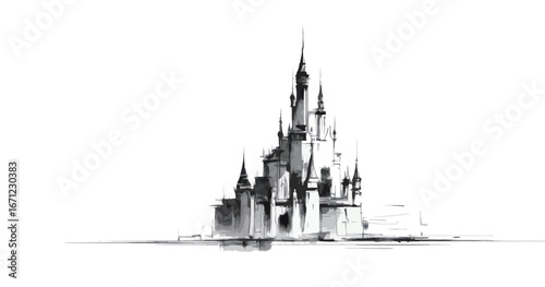 A striking illustration of an imaginary castle featuring tall spires and towers. The minimalist black and white design highlights the architectural details and evokes a sense of fantasy.