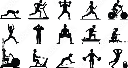 Diverse silhouette fitness icons representing various exercises and workout activities for health and wellness