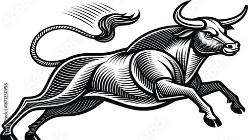 Majestic bull charging forward with powerful stance detailed engraving style artwork