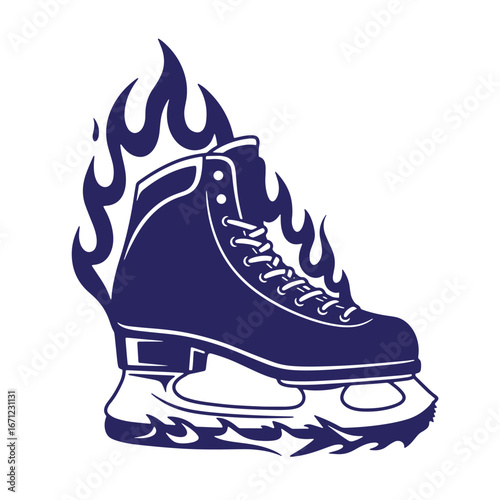Dynamic ice skate with flames blue color silhouette design for winter sports