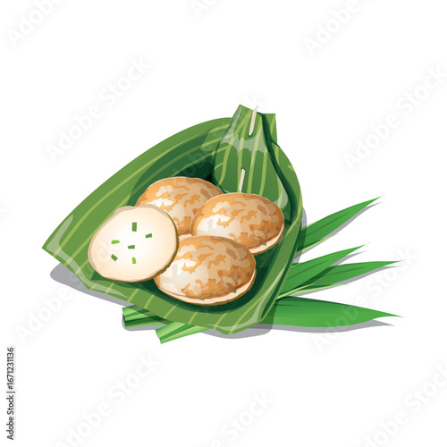 3D illustration of Thai Khanom Krok, a dessert made with flour, coconut milk, and vegetables.