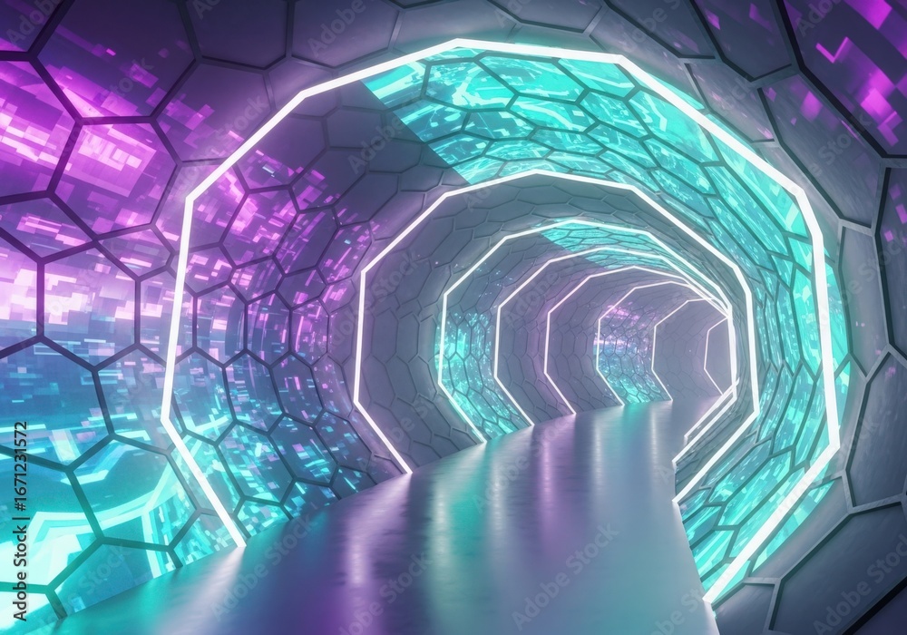 Fototapeta premium Hexagonal tunnel with glowing cyan and purple lights, futuristic architectural design