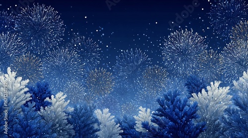 Calm and minimal fireworks sparkle effect fading across a pure blue background elegant holiday atmosphere balanced design